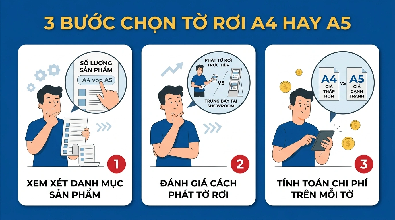 Quy trình 3 bước thiết kế ưu đãi mồi câu, chọn khổ giấy A5 và phân phát tờ rơi khai trương