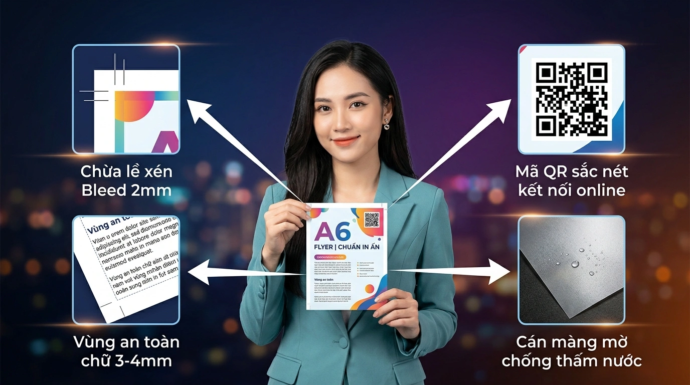 Người mẫu hướng dẫn sơ đồ bóc tách tờ rơi khai trương và 4 ô zoom callout có mũi tên chỉ dẫn chi tiết
