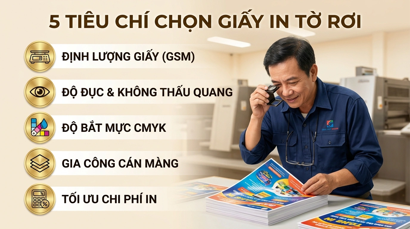 Kỹ thuật viên xưởng in kiểm tra chất lượng tờ gấp đôi kết hợp cột 5 icon tròn ánh kim vàng checklist