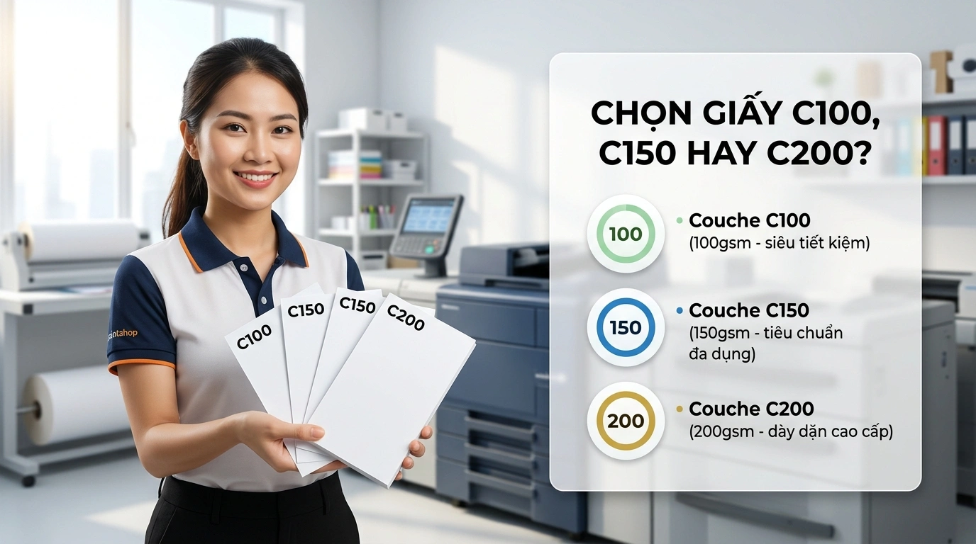 Chuyên viên tư vấn giới thiệu mẫu tờ rơi gấp 3 A4 dạng gấp lồng thực tế kèm bảng tóm tắt quy cách in ấn