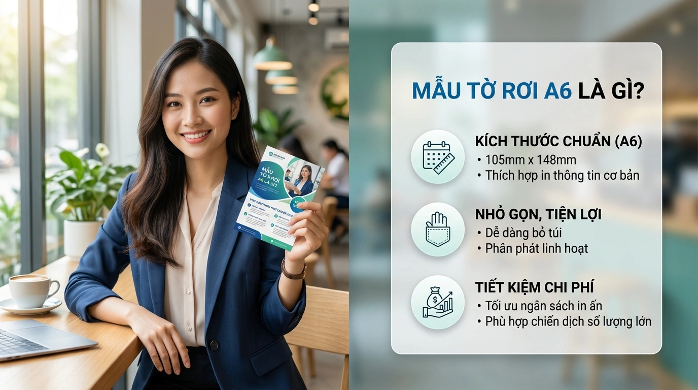 Mẫu tờ rơi kích thước A6 cầm vừa vặn trên tay trong không gian văn phòng hiện đại