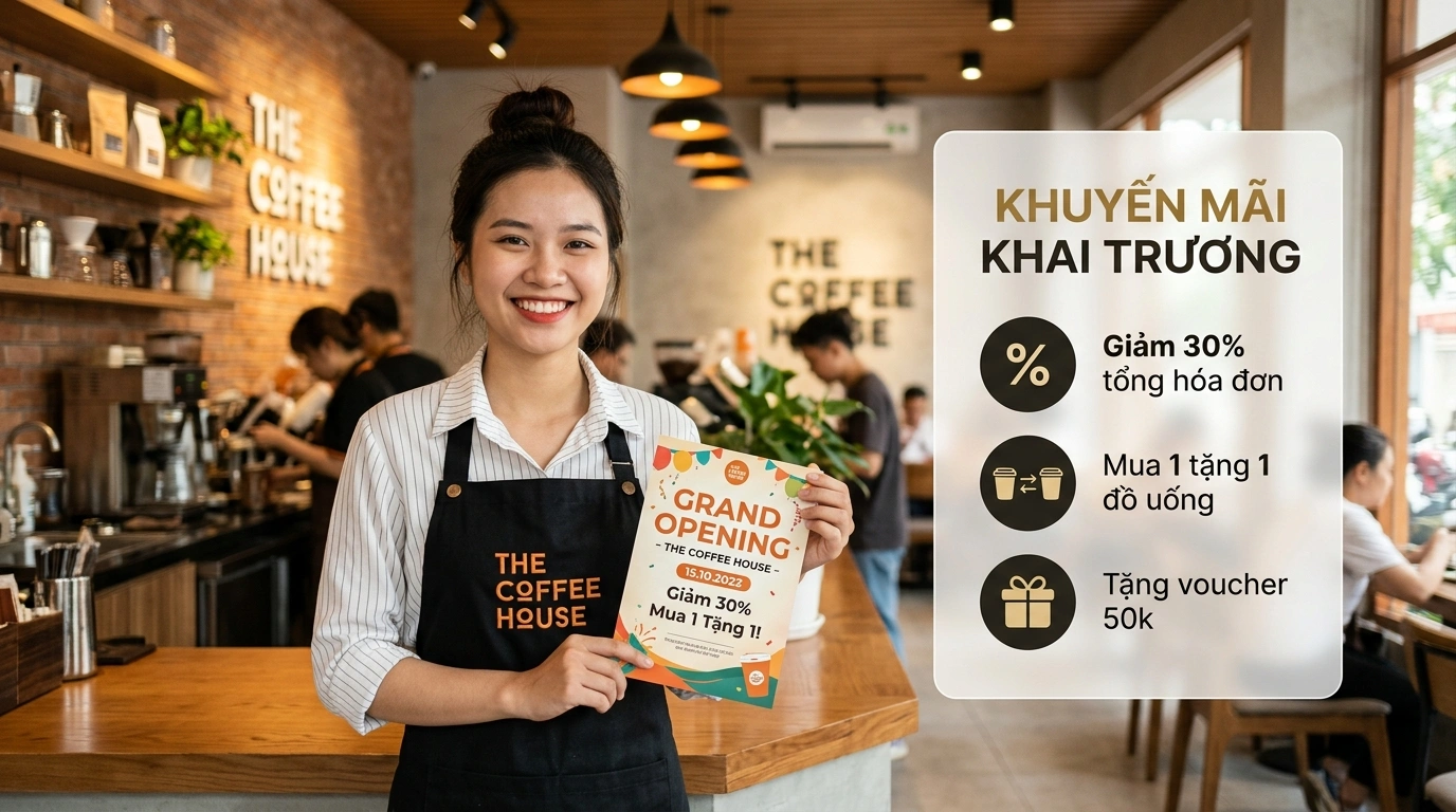 Nữ nhân viên quán cafe cầm mẫu tờ rơi khai trương A5 thực tế kết hợp thẻ giải thích nổi bật