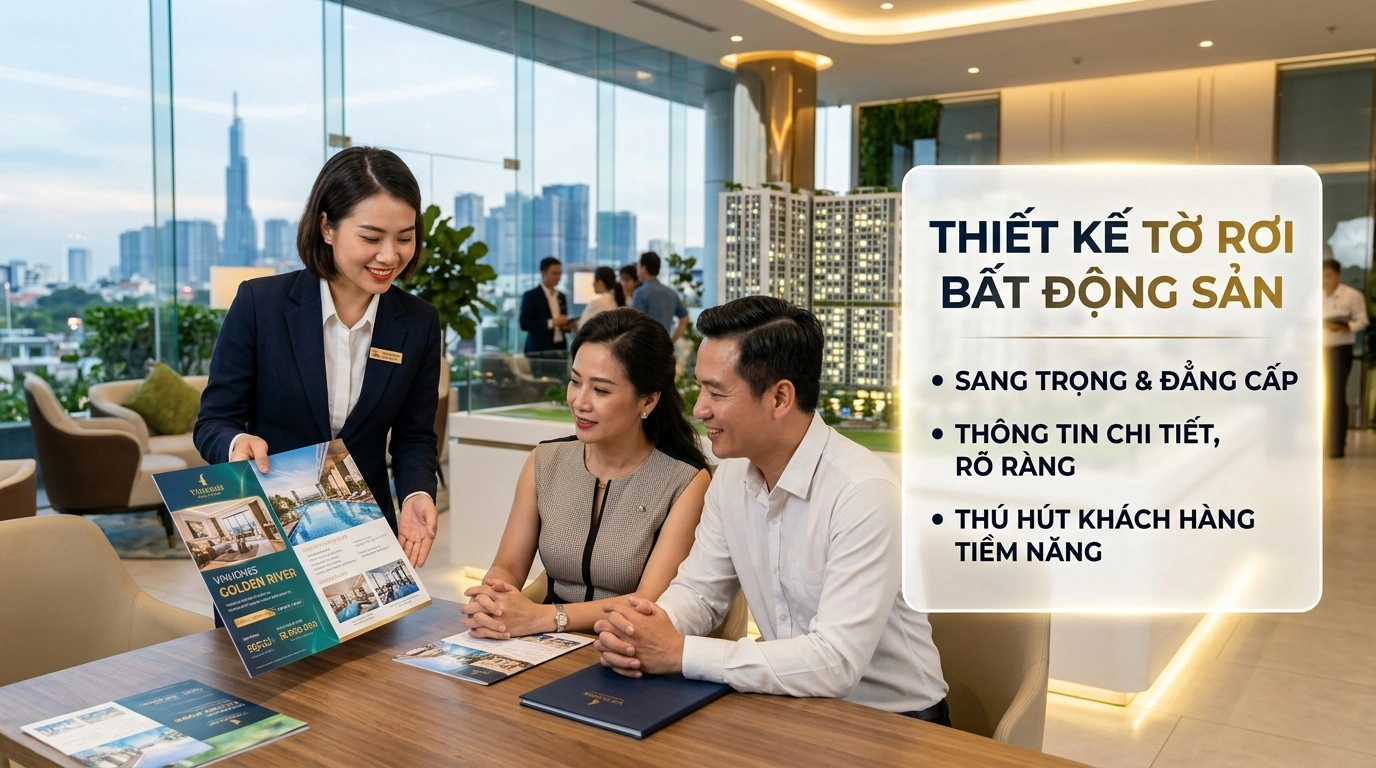 Chuyên viên tư vấn bất động sản giới thiệu mẫu tờ rơi dự án cao cấp cho khách hàng tại nhà mẫu