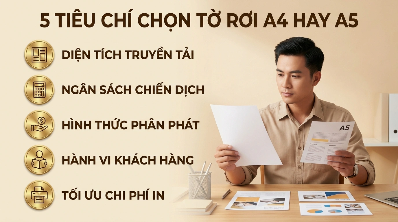 Chuyên viên xưởng in kiểm tra tờ rơi kết hợp cột 5 icon checklist tiêu chuẩn chọn khổ in
