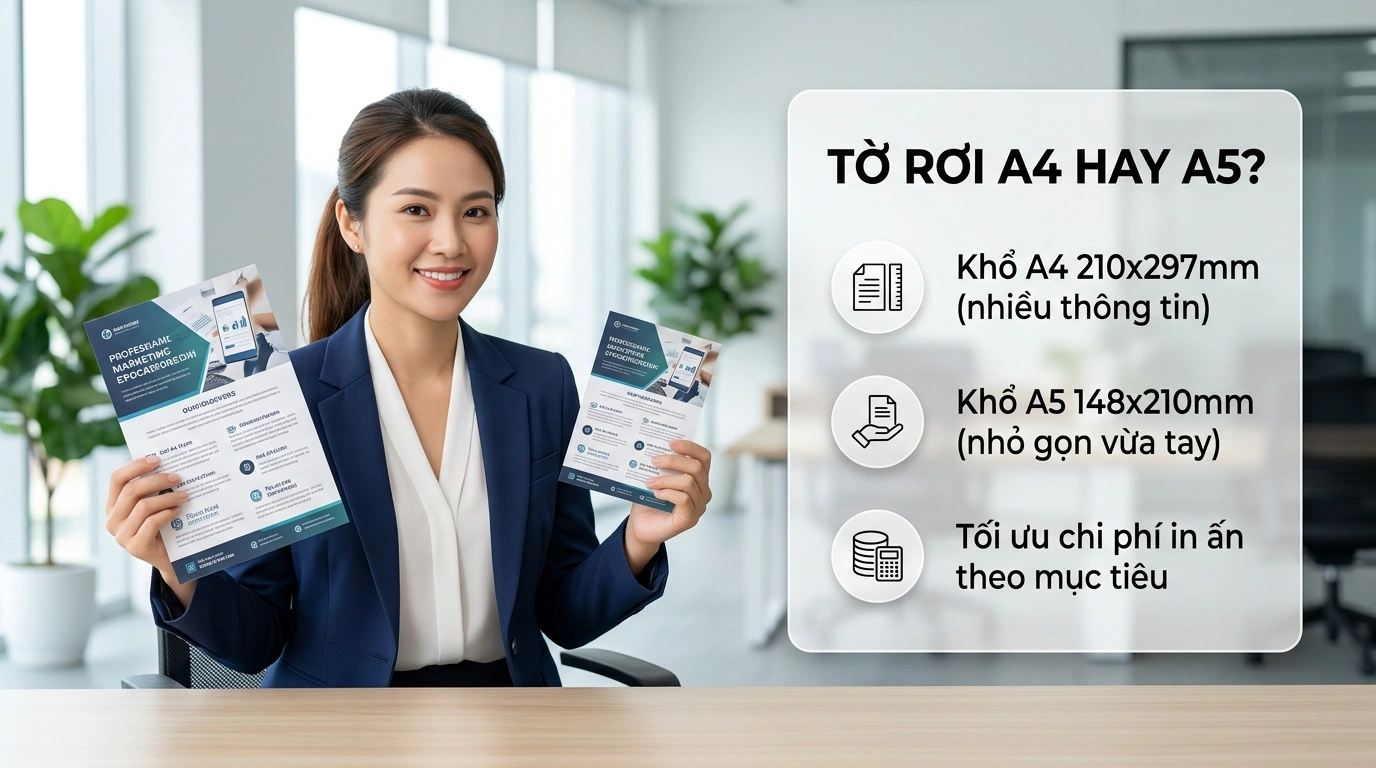 Chuyên viên marketing so sánh mẫu tờ rơi A4 và A5 thực tế trên bàn làm việc