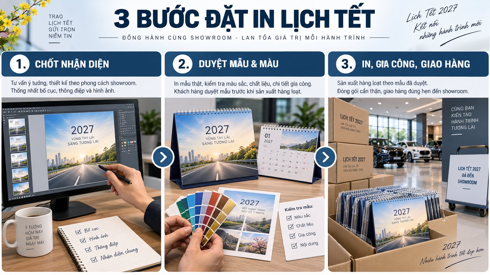 Ba bước đặt in lịch Tết showroom ô tô