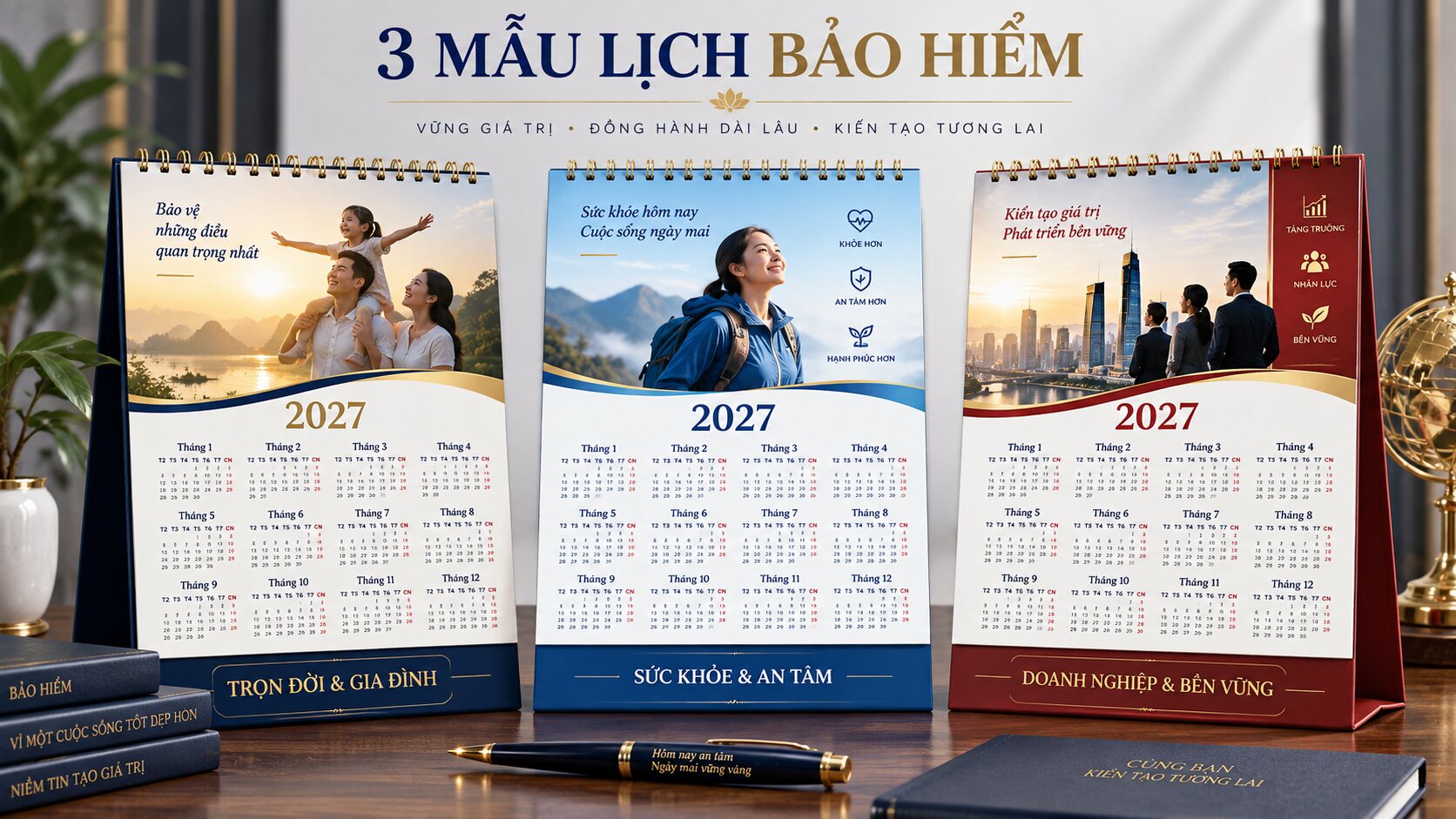 Ba mẫu lịch Tết 2027 cho công ty bảo hiểm