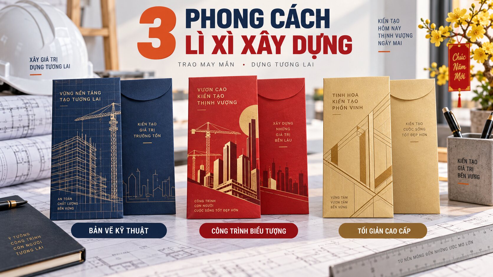 Ba phong cách bao lì xì Tết 2027 cho công ty xây dựng