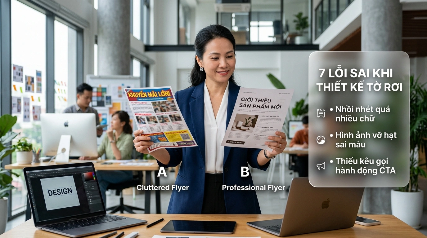 Chuyên gia thiết kế so sánh 2 mẫu tờ rơi lỗi rối mắt và mẫu tờ rơi chuẩn chuyên nghiệp tại văn phòng