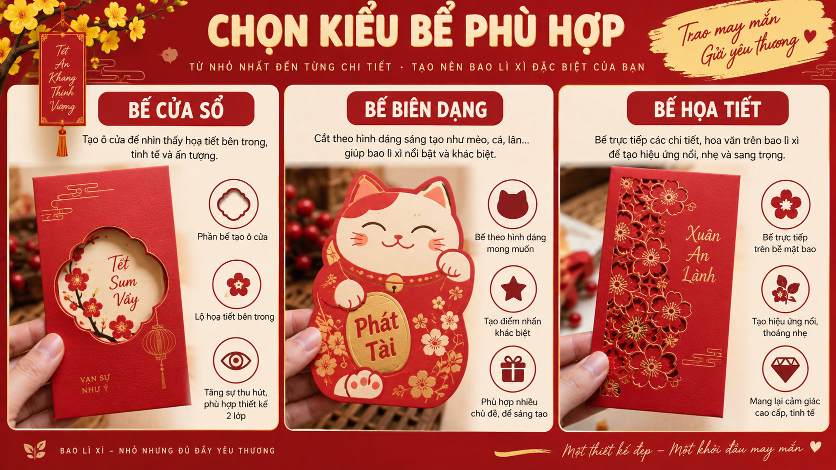 Các kiểu bế cửa sổ, bế biên dạng và bế họa tiết cho bao lì xì