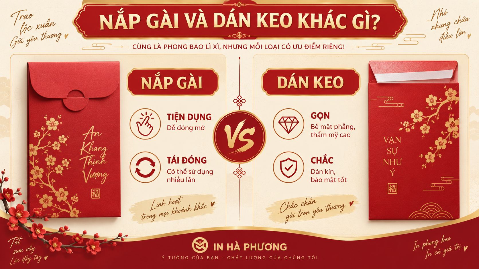 So sánh bao lì xì nắp gài và nắp dán keo