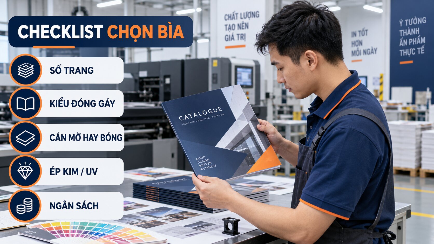 Checklist chọn bìa catalogue theo số trang, kiểu gáy và gia công
