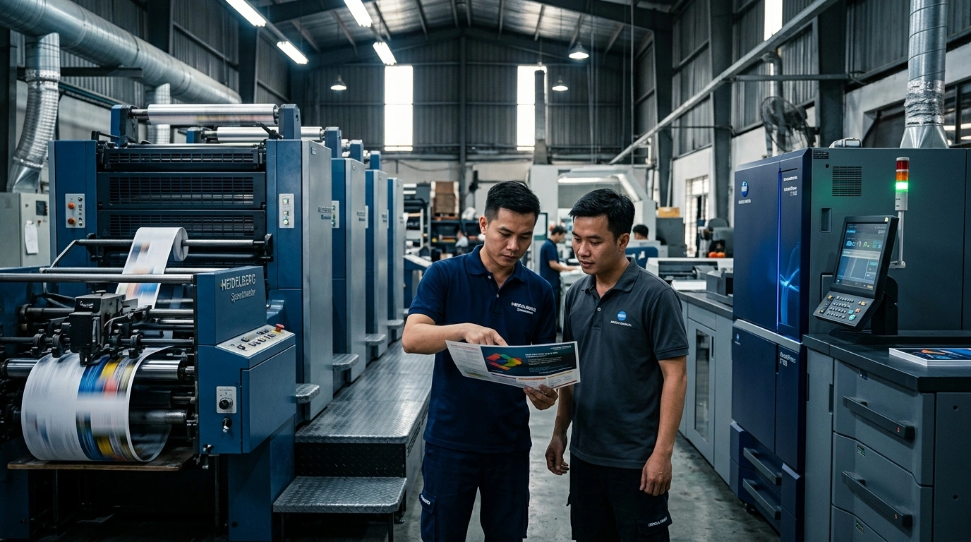 Kỹ sư xưởng in đối chiếu bản in thực tế giữa máy in offset Heidelberg và máy in kỹ thuật số Konica Minolta