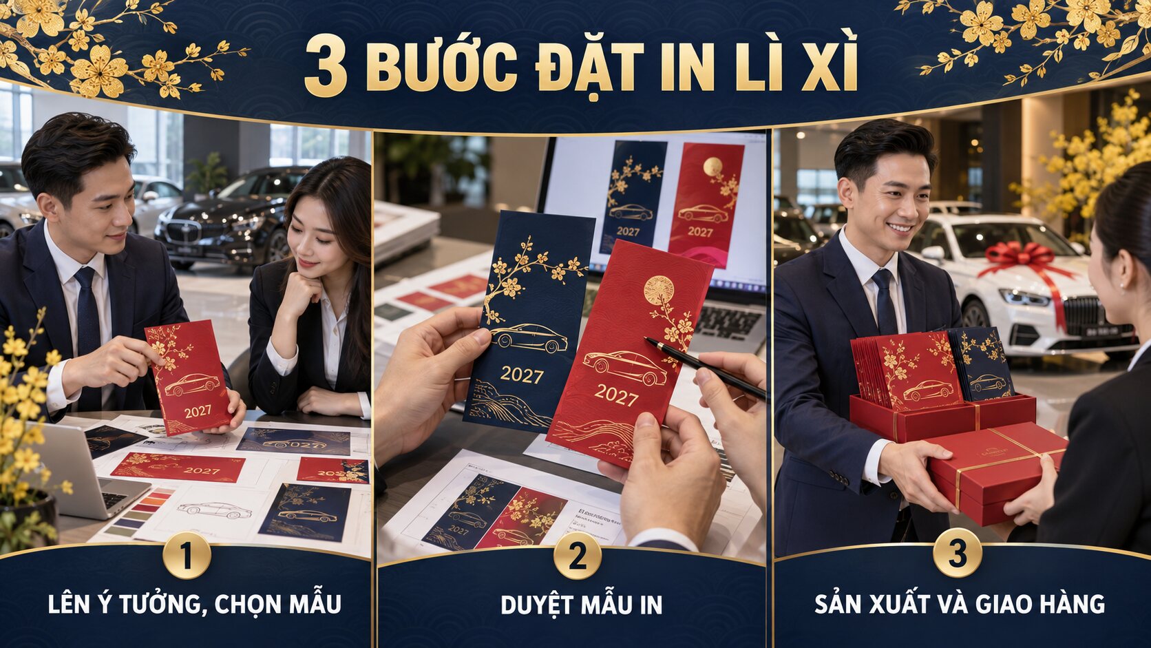 Ba bước đặt in bao lì xì Tết 2027 cho showroom và đại lý ô tô