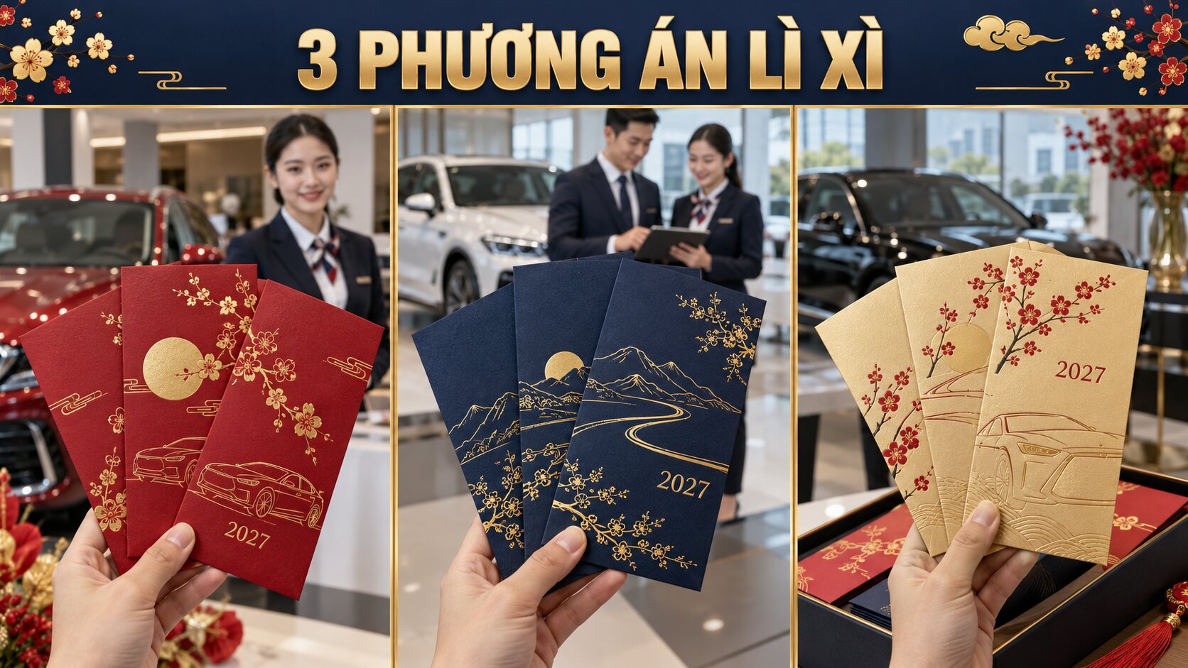 Ba phong cách in bao lì xì Tết 2027 cho showroom và đại lý ô tô
