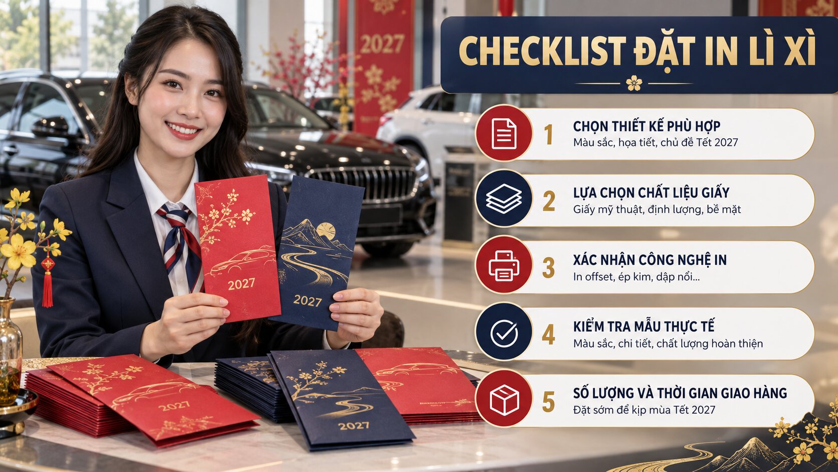 Checklist đặt in bao lì xì Tết 2027 cho showroom và đại lý ô tô