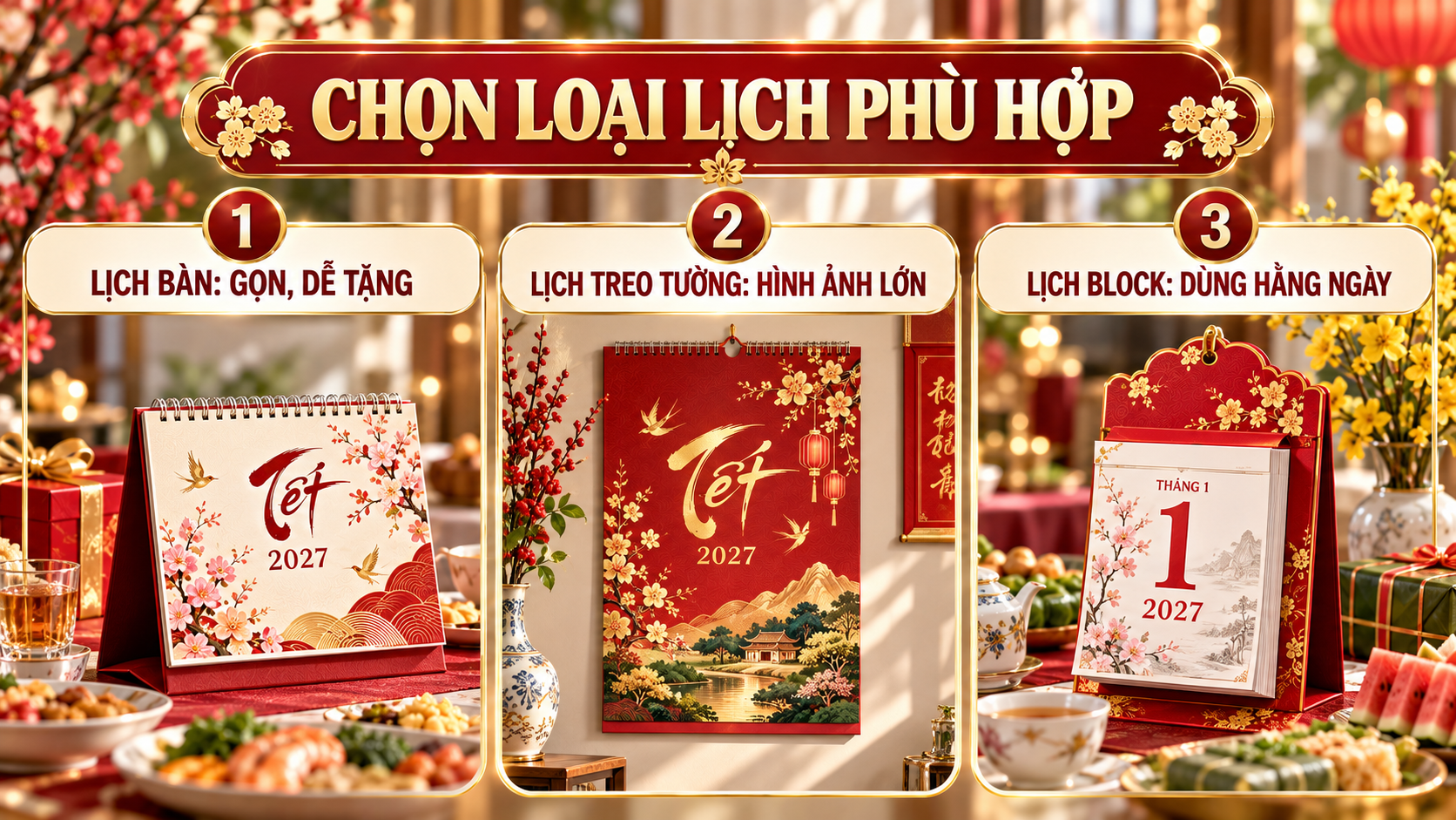 Ba mẫu in lịch Tết 2027 cho công ty thực phẩm và đồ uống