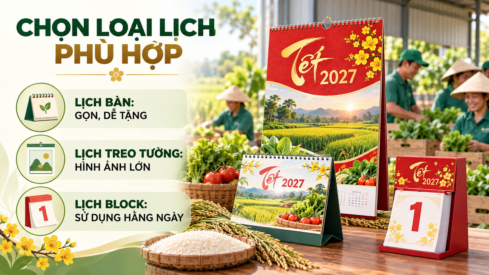 Ba mẫu in lịch Tết 2027 cho hợp tác xã và doanh nghiệp nông nghiệp