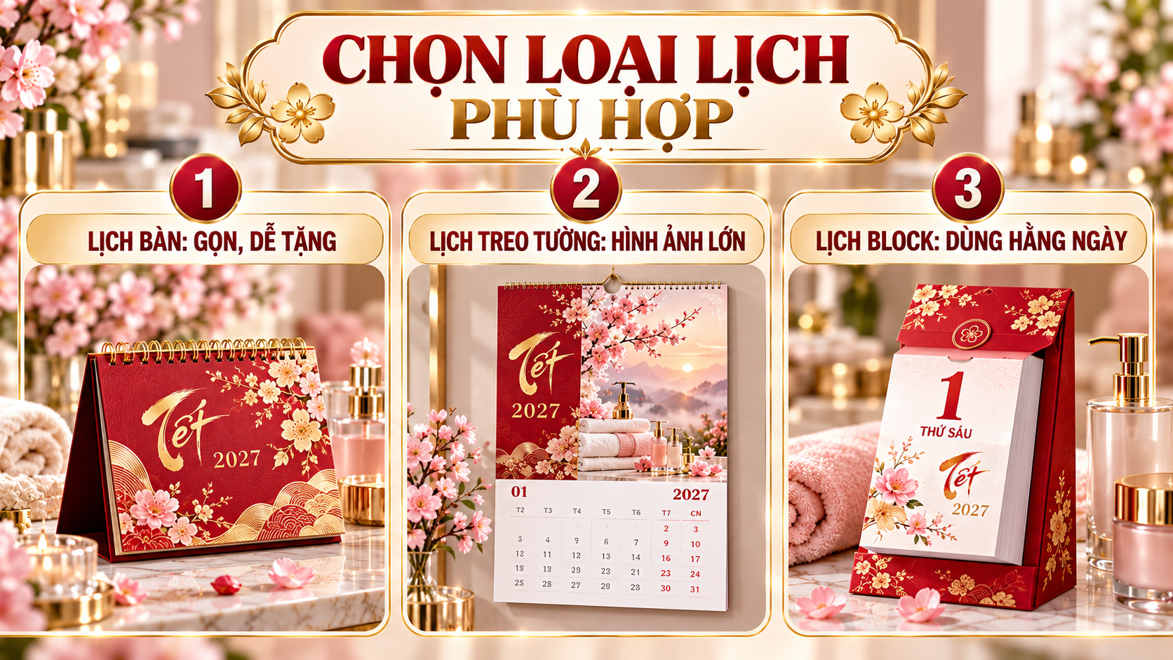 Ba mẫu in lịch Tết 2027 cho spa và thẩm mỹ viện