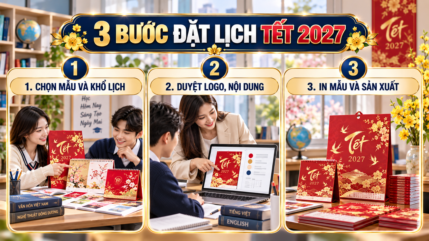 Ba bước đặt in lịch Tết 2027 cho trung tâm ngoại ngữ