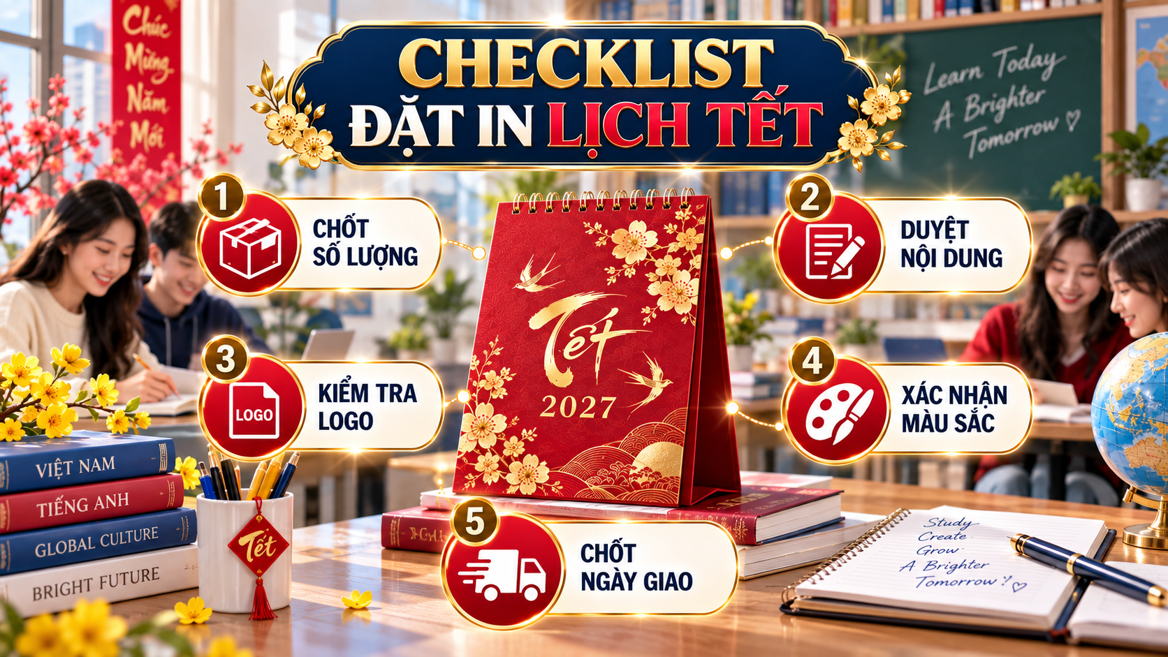 Checklist đặt in lịch Tết 2027 cho trung tâm ngoại ngữ