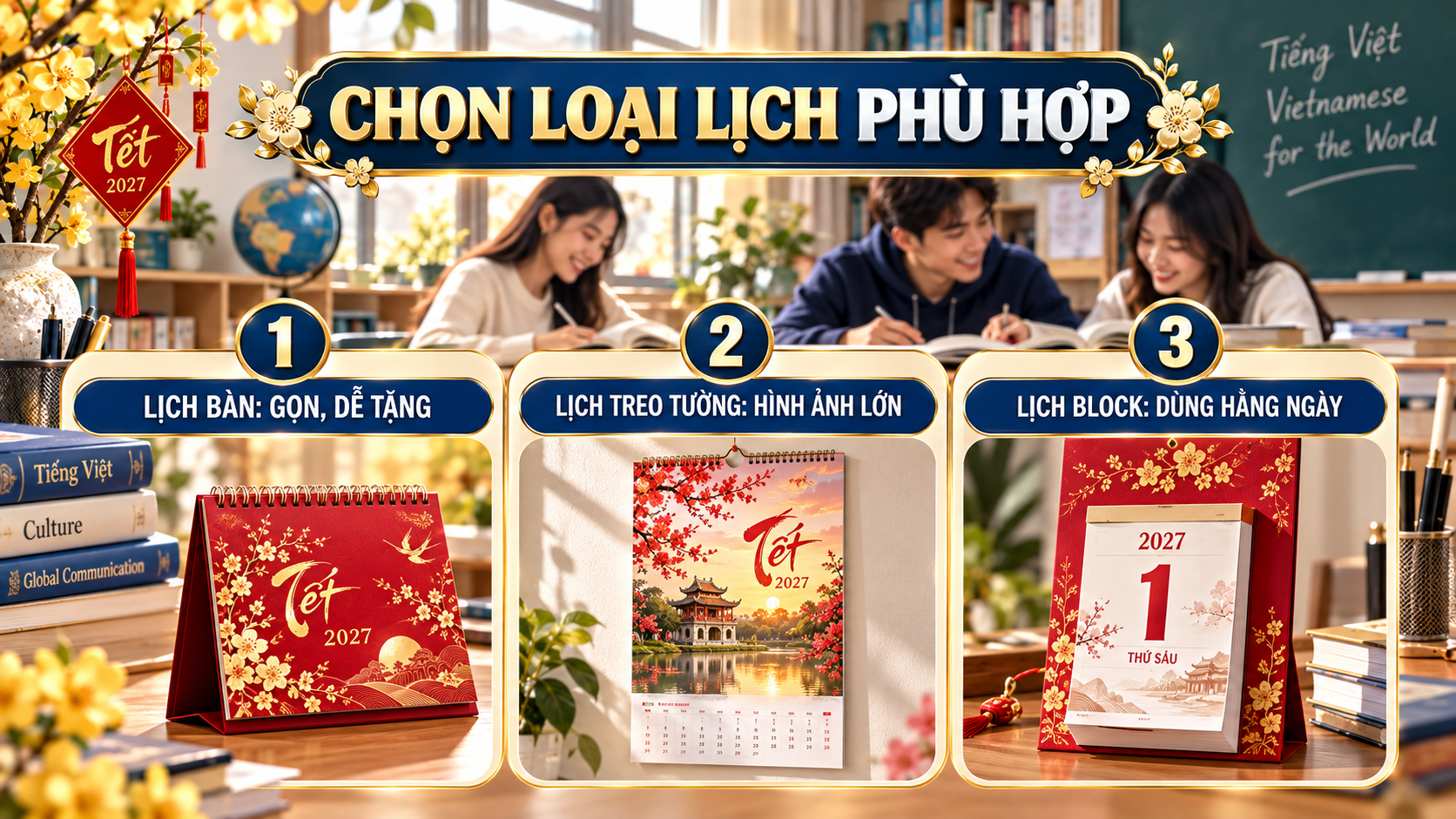 Ba mẫu in lịch Tết 2027 cho trung tâm ngoại ngữ