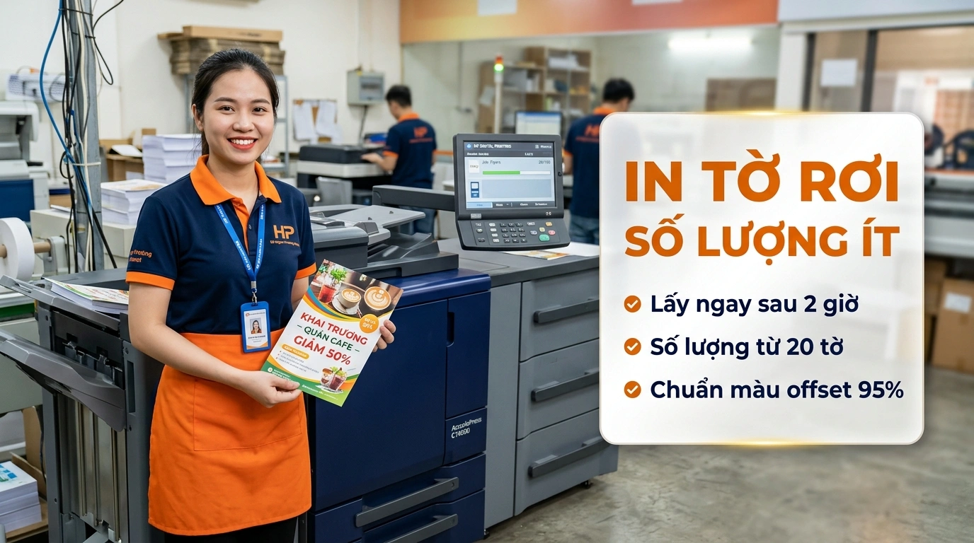 Kỹ thuật viên xưởng In Hà Phương bên máy in kỹ thuật số hiện đại giới thiệu mẫu tờ rơi in nhanh lấy ngay