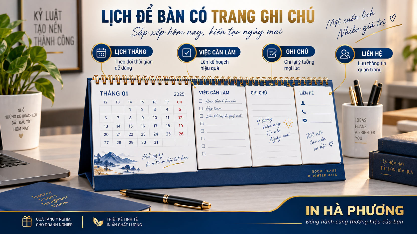 Cấu trúc lịch để bàn có trang ghi chú