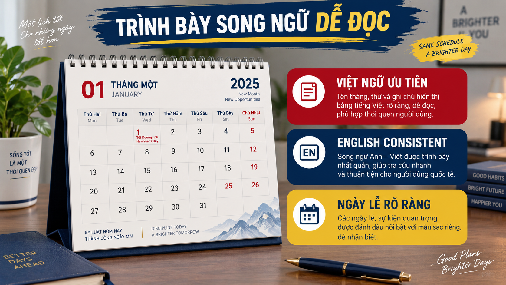 Ba mẫu lịch Tết song ngữ Việt Anh cho doanh nghiệp
