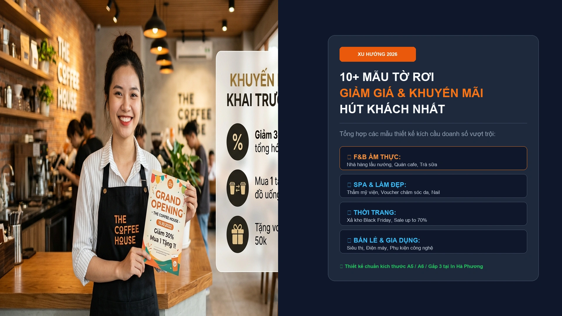 Bộ sưu tập 10 mẫu tờ rơi giảm giá khuyến mãi đẹp đa ngành F&B thời trang spa điện máy tại In Hà Phương