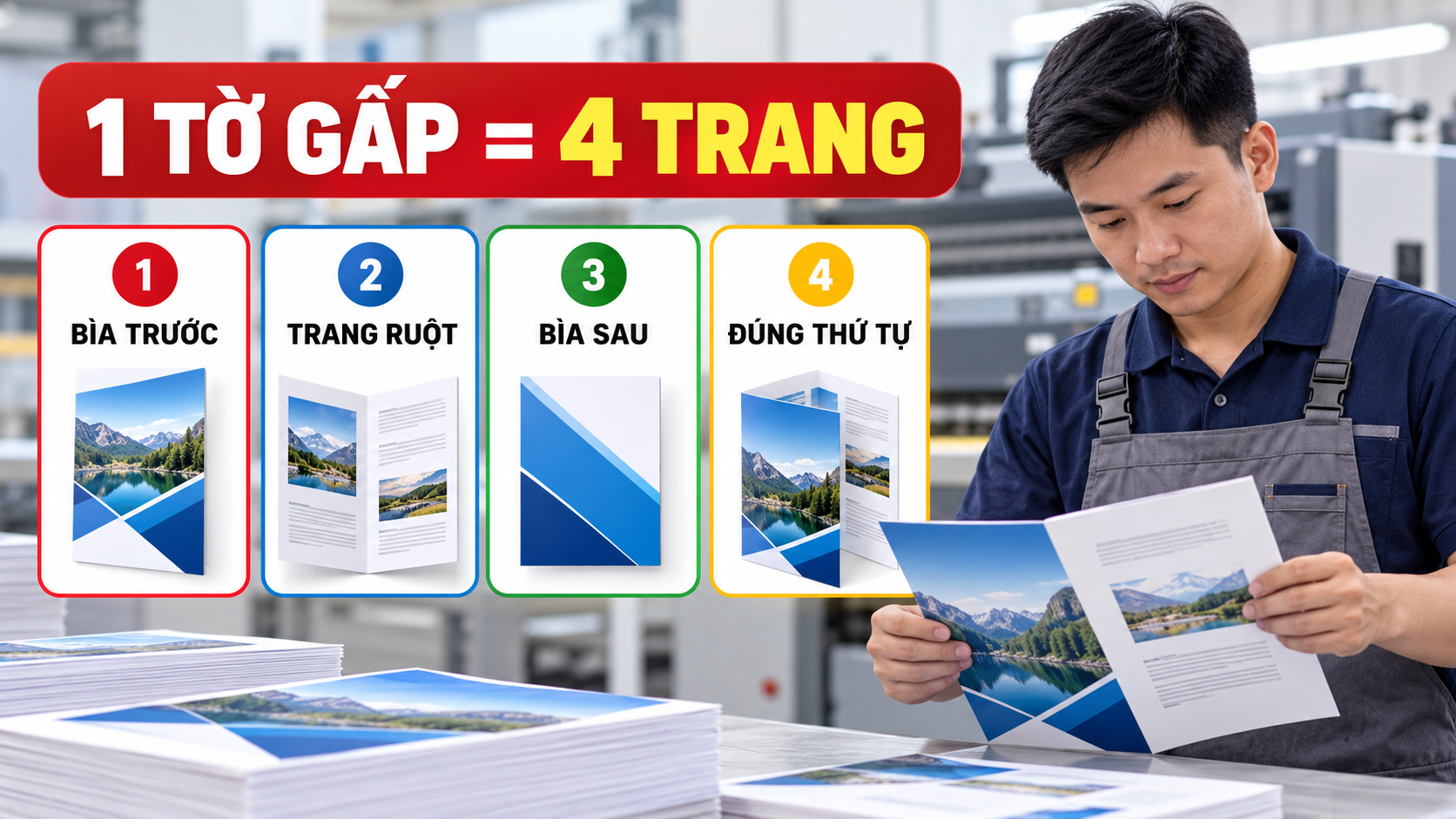 Một tờ giấy gấp tạo bốn trang catalogue bấm kim