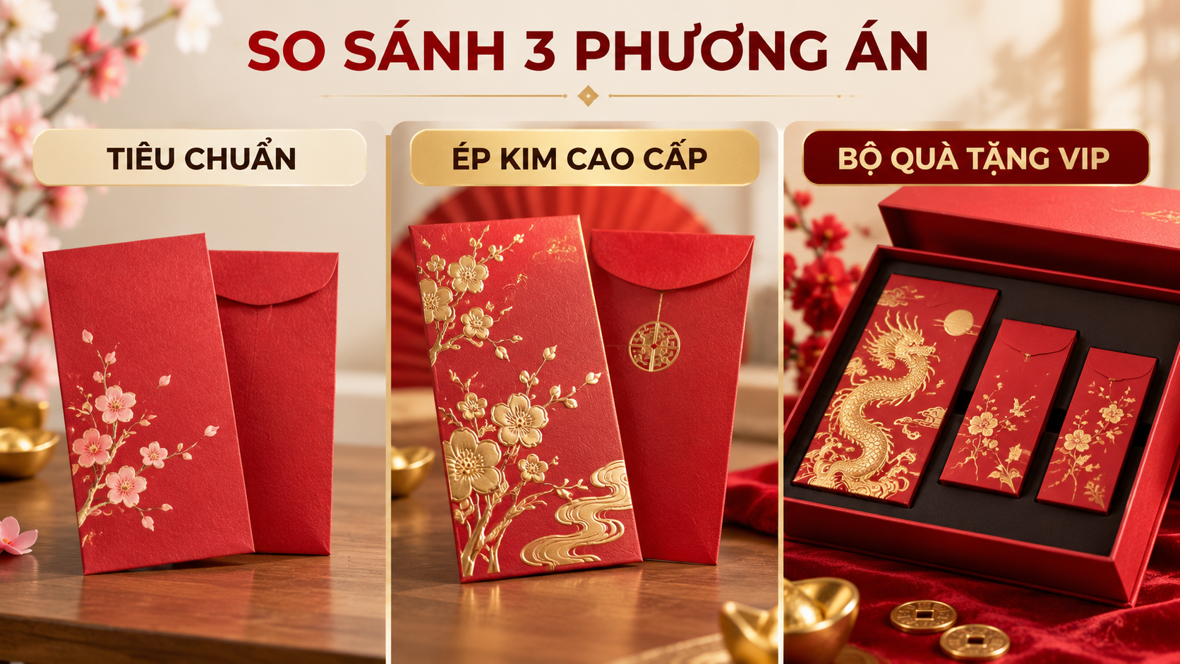 So sánh ba phương án bao lì xì ngân hàng tiêu chuẩn, ép kim và VIP