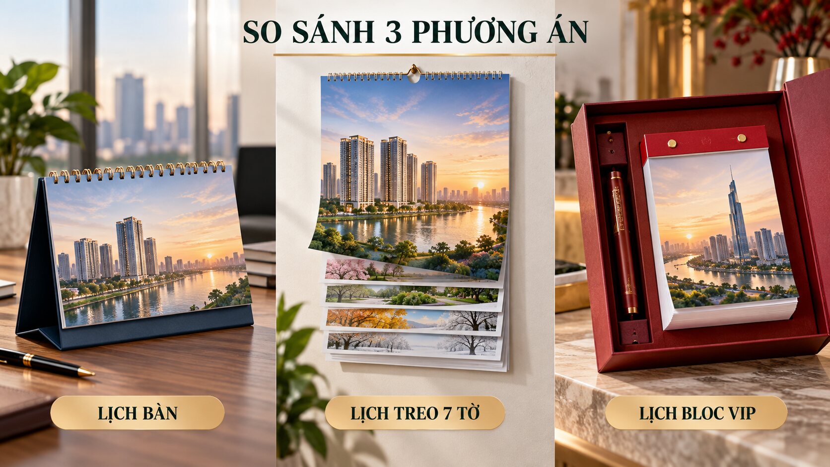 So sánh lịch bàn, lịch treo 7 tờ và lịch bloc VIP cho bất động sản