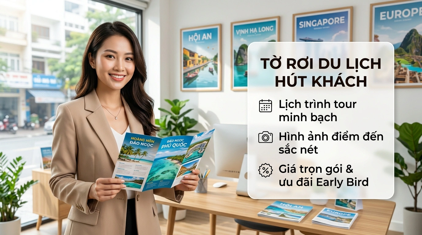 Chuyên viên tư vấn du lịch giới thiệu mẫu brochure gấp 3 tour du lịch thực tế tại văn phòng lữ hành