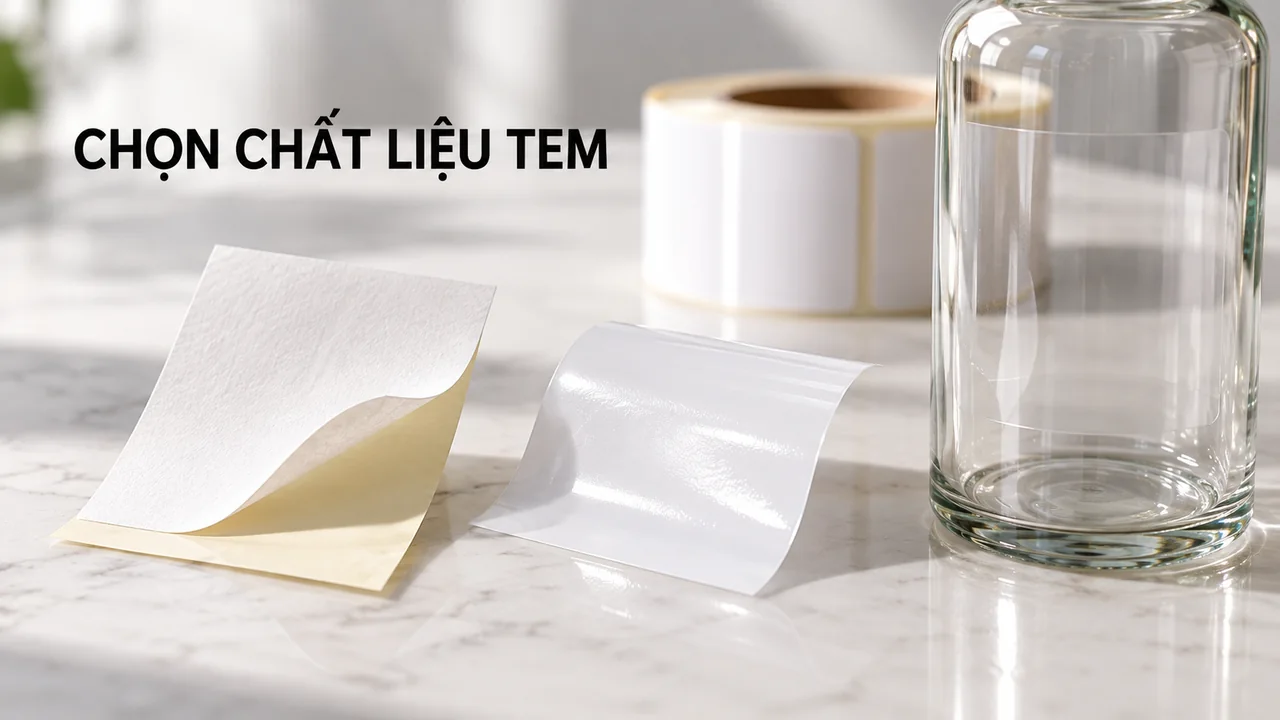 Mẫu decal giấy, film trắng và tem trong trên chai thủy tinh