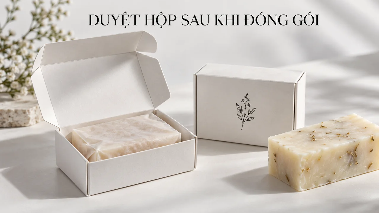 Duyệt mẫu hộp cùng bánh xà phòng đã bọc