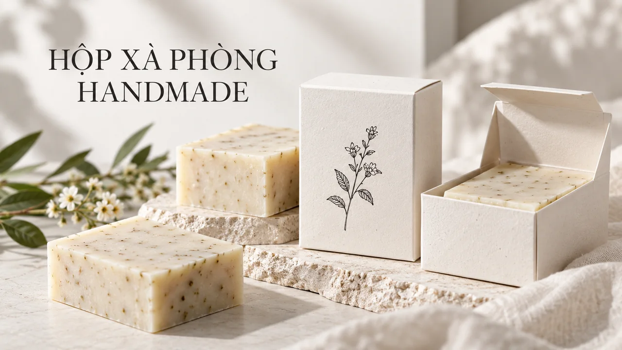 Hộp giấy trắng cùng bánh xà phòng handmade