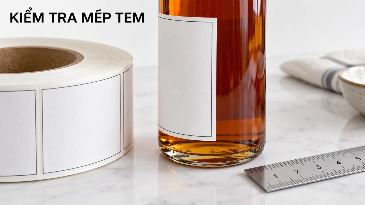 Mép nhãn trắng trên chai nước mắm cạnh cuộn tem và thước đo
