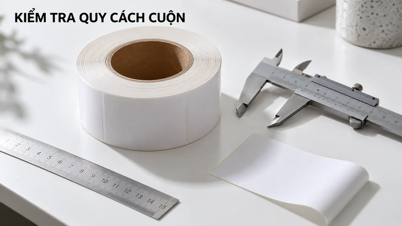 Cuộn tem decal và thước đo kiểm tra quy cách
