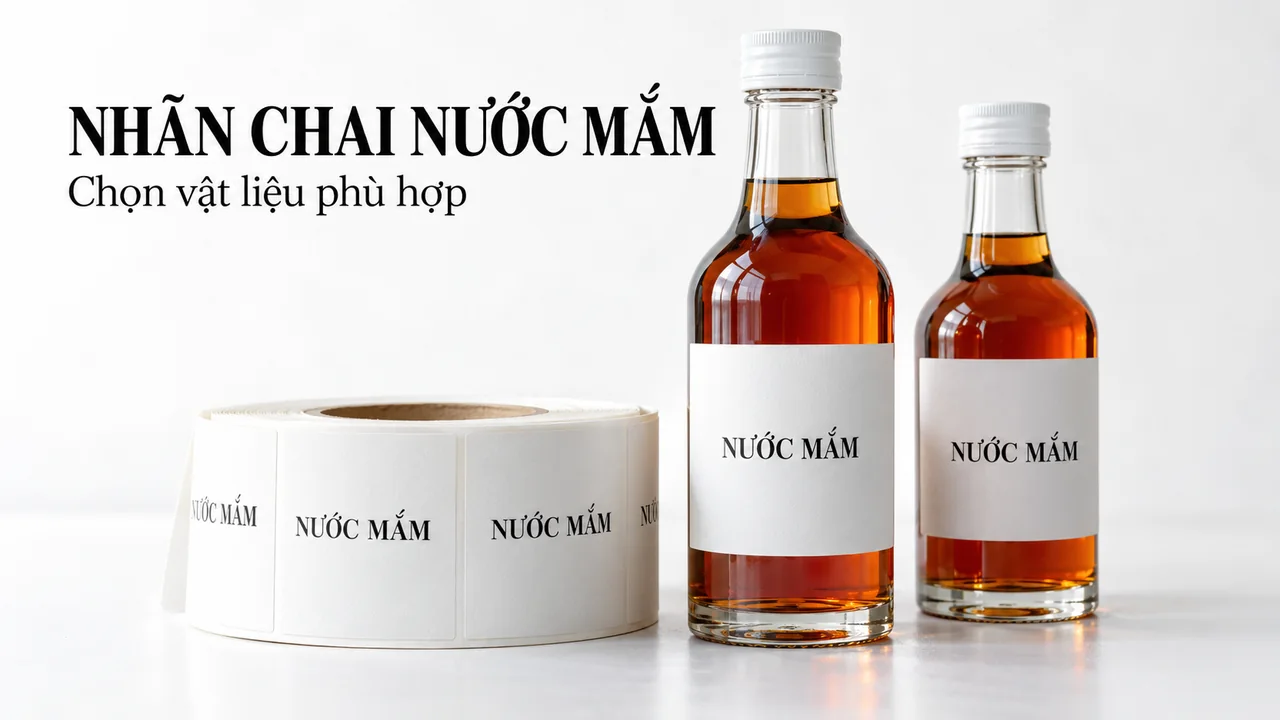 Hai chai nước mắm và cuộn nhãn trắng trong ánh sáng studio