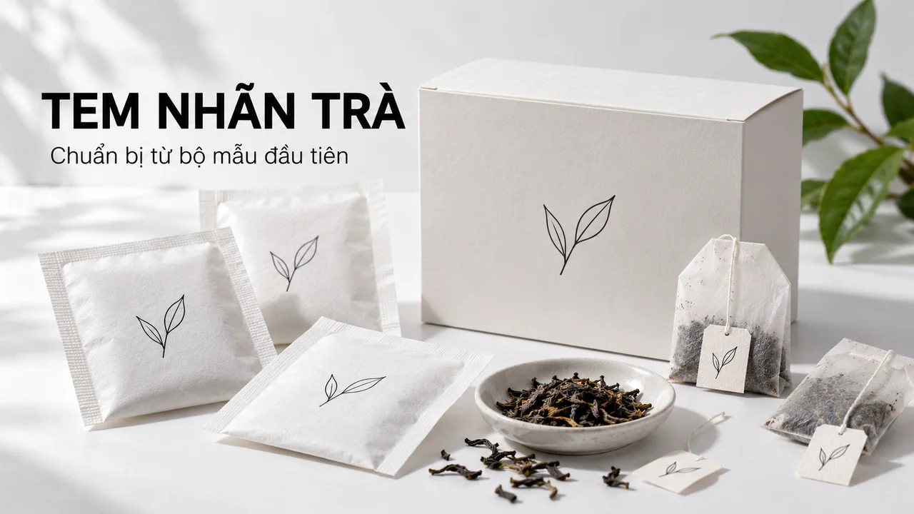 Bộ hộp trà và nhãn treo trên nền trắng studio