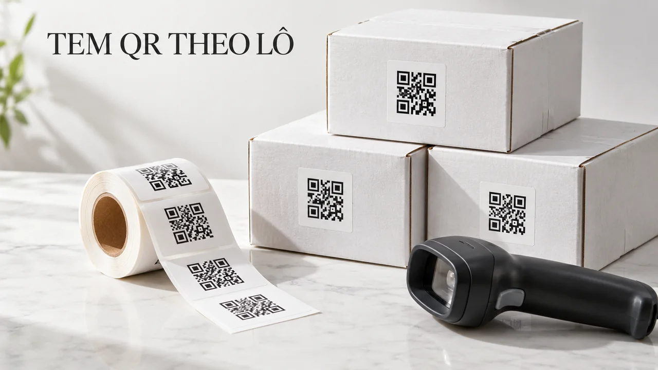 Cuộn tem QR minh họa và các hộp hàng trong studio