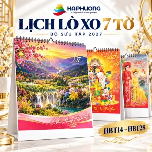 Ảnh đại diện 8 mẫu lịch lò xo 7 tờ 2027: HBT14–HBT28: mùa hội, áo dài và tranh xuân tại Hà Phương